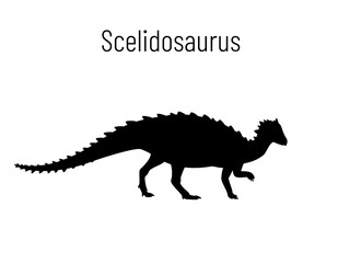 Scelidosaurus. Ornithischian dinosaur. Monochrome vector illustration of silhouette of prehistoric creature scelidosaurus isolated on white background. Stencil. Huge fossil dinosaur.