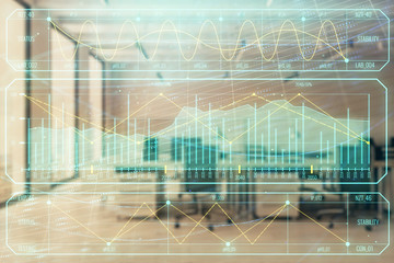Stock and bond market graph with trading desk bank office interior on background. Multi exposure. Concept of financial analysis