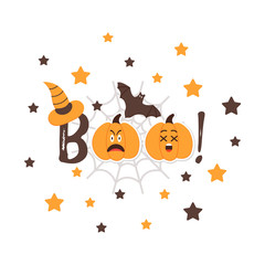 Obraz na płótnie Canvas Halloween BOO message with Pumpkins angry Emoji, Bat and Witch Hat. Friendly Emoji Faces in the night sky with stars. Orange Squash Smiles for messenger. Greeting card, postcard. Vector