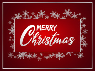 Merry Christmas and Happy New Year Card design. Silver snowflakes around red text box with "Merry Christmas" text. Red background. 
