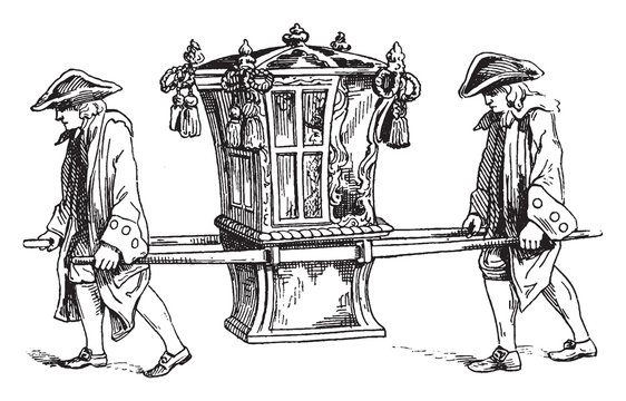 Sedan chair in 1755, vintage illustration.