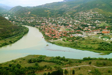 River Mtkvari meets River Aragvi with Svetitskhoveli Cathedral to the right as seen from Jvari Monastery, Mtskheta, Georgia