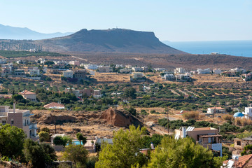 Fototapeta na wymiar Gouves, Heraklion, Crete, Greece. October 2019. Overview of a residential and farming area, mainly olive groves at Gouves, Crete