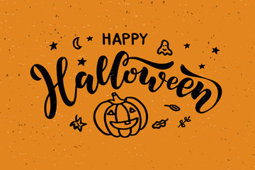 Happy HalloweenHappy Halloween - handwritten brush lettering calligraphy with stars, moon, ghost, leaves and pumpkin.