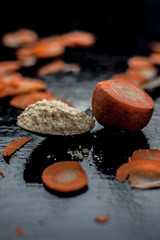 Best DIY face mask for Oily Skin to do at home i.e. Carrot face mask consisting of some gram flour, carrots, buttermilk, and lemon juice. Shot of carrot face mask on the wooden surface.