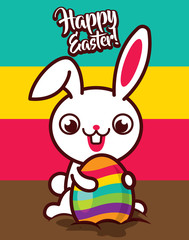 Happy big tooth easter bunny pulling the colourful egg from ground. Colourful background isolated - vector