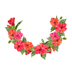 Watercolor wreath with realistic colorful hibiscus and green leaves.  Tropical flower Illustration for design wedding invitations, greeting cards, postcards. 