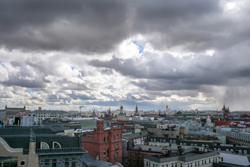 Top view of the Moscow roofs on a cloudy day with rain