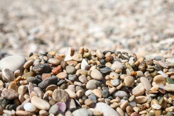 Small colored sea pebbles and shells against a blurred background