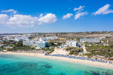 Fototapeta premium Aerial view of the beach in Ayia Napa resort town, Cyprus