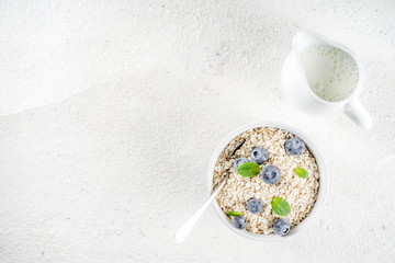 Healthy cereal and milk breakfast concept