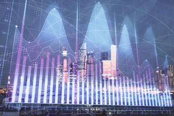Double exposure of financial chart on Moscow city downtown background. Concept of stock market analysis