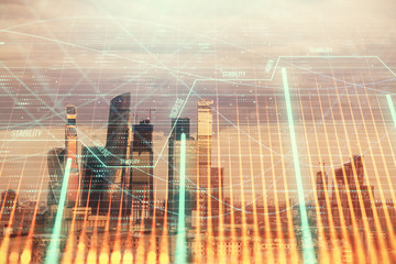 Double exposure of financial graph on downtown veiw background. Concept of stock market research and analysis