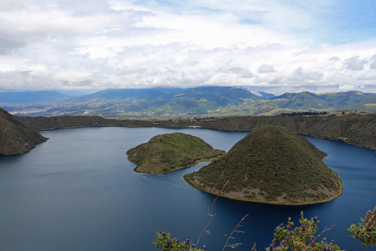 Cuicocha Crater lake in Ecuador in cloudy skies
