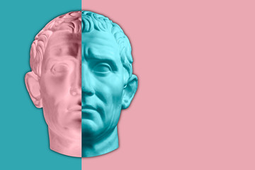 Contemporary art concept collage with antique statue head in a surreal style. Modern unusual art.