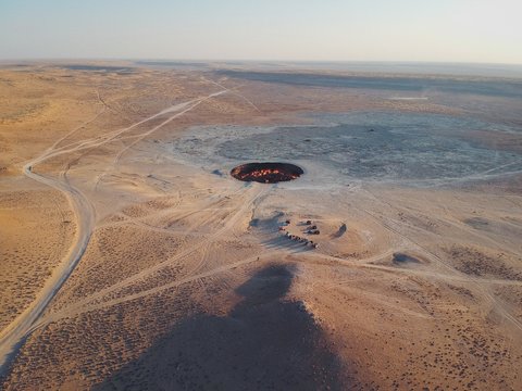 Aerial view of Darvaza gas crater, Turkmenistan