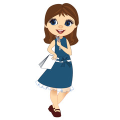 A girl with brown hair in a cartoon style wearing in a blue dress is standing and holding color pencils in one hand, and in another notebook