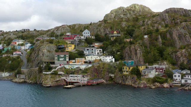 Aerial view of ocean and townhouses in newfoundland