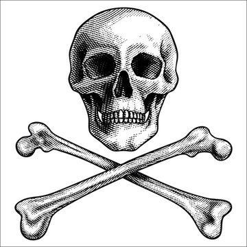 Sketch vector illustration, hand drawn human skull and crossbones isolated on white background. Jolly Roger. Pirate symbol or danger warning sign