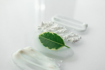 Fresh green leaf and smear moisturizer and translucent loose powder on white background. Natural skin care concept