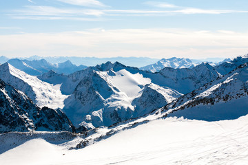 Snowy mountain landscape. Beautiful scenic view of mount. Alps ski resort. Austria, Stubai, Stubaier Gletscher