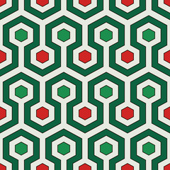 Honeycomb background. Bright colors repeated hexagon tiles mosaic. Seamless pattern in Christmas colors