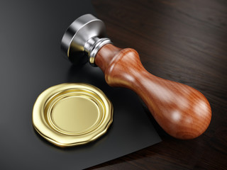 Golden wax seal and personal stamp tool. 3d illustration