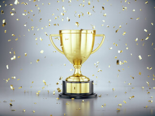 Fototapeta First place gold trophy cup with falling golden confetti. Award ceremony concept. 3d rendering obraz