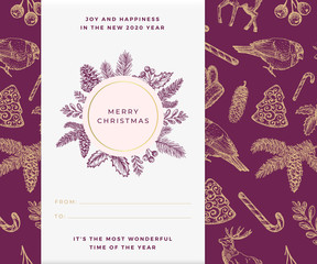 Christmas vector banner template. Xmas decorative sketch pattern background layout. Winter season wishes trendy round frame with Christmas Illustrations. December holiday greeting card purple design
