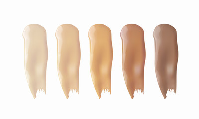 Foundation smears texture isolated on white background. Liquid color smudge swatch set. Vector cosmetic makeup concealer shades.