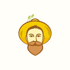 Farmer Abstract Vector Sign, Symbol or Logo Template. Bearded Young Man Face with Moustache in Gardener Hat. Vegan or Vegetarian Emblem Hipster Concept.