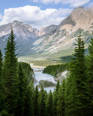 View of Wapta falls and mountains in Yoho National park Canada