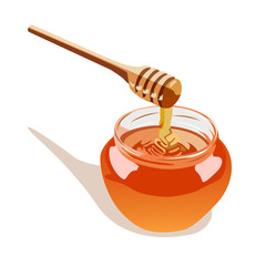 A glass pot full of honey and honey dipper vector illustration