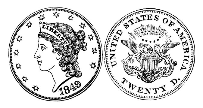 Gold Double Eagle Coin, 1849 vintage illustration.