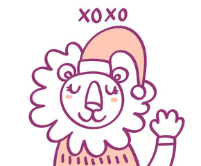 Flat scandinavian style cartoon cute character animal lion in winter clothes and Santa hat. Minimal vector illustration, merry Christmas card.