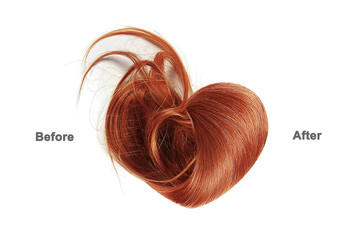 Henna hair in shape of heart before and after brushing, isolated on white background. Haircare...