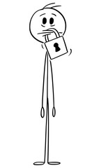 Vector cartoon stick figure drawing conceptual illustration of man with padlock on his mouth. Concept of silence and censorship.