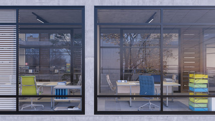 Office Rooms Behind Glass Walls and Windows in Natural Daylight 3D Rendering