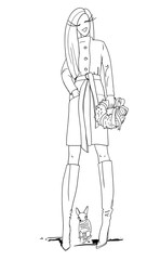 Young beautiful girl, model, in a winter stylish coat, high heels, holds a Christmas wreath in her hands, Christmas fashion illustration, linear drawing, coloring book, in vector