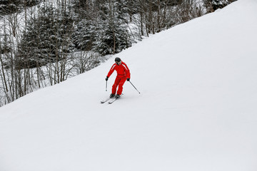 Portrait of Skier with ski on the background of mountains. Winter sports and leasure activities