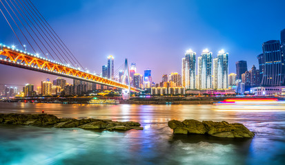 Fototapeta na wymiar Night view and beautiful skyline of Chongqing urban architectural landscape..