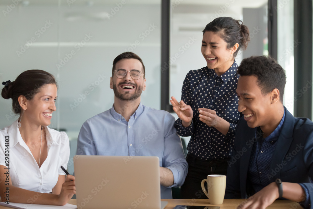 Poster happy multiethnic workers team having fun during business meeting