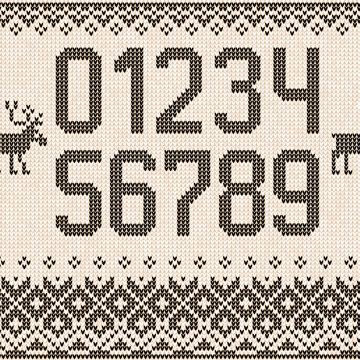 Ugly sweater Christmas numbers figures. Knitted background pattern scandinavian ornaments.