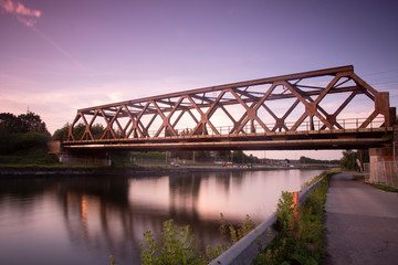 Steel bridge over river in Mons, Belgium