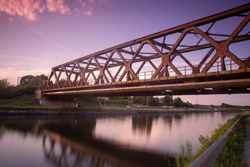 Steel bridge over river in Mons, Belgium