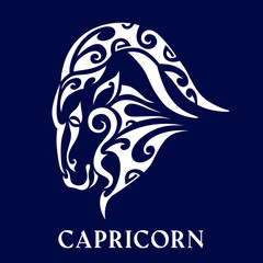 Capricorn. Tattoo maori tribal style. Horoscope. Astrological zodiac sign. Silhouette isolated on blue background