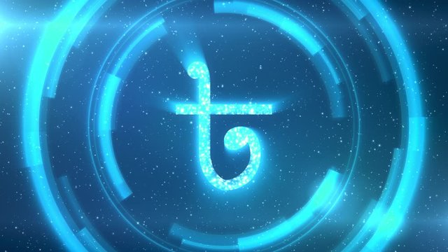 Blue Bangladeshi taka currency symbol centered on a starscape background with HUD elements. Seamlessly loopable animation.
