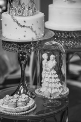 a monochrome close-up on models of a married couple besides a wedding cake and some cookies