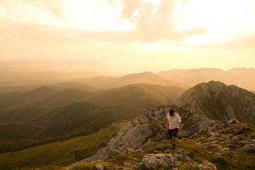 Obraz premium man on a trekking in urkiola natural park, basque mountains