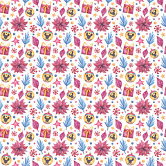Fototapeta premium Cute festive pattern with watercolor elements for New Year and Christmas with gifts, twigs, Christmas ball and sweets.